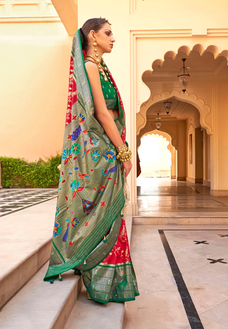 Monjolika Fashion Crimson Colour Soft Silk Sarees With Traditional Motifs