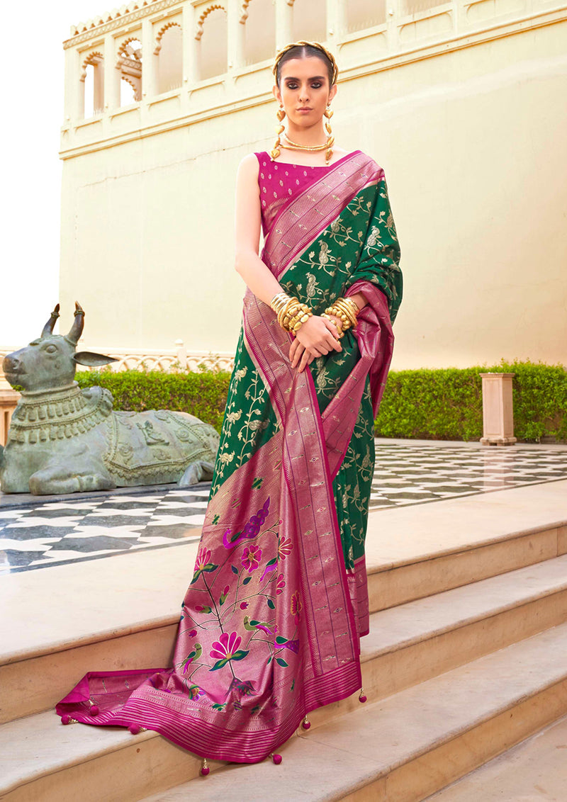 Monjolika Fashion Dark Green Colour Soft Silk Sarees With Traditional Motifs