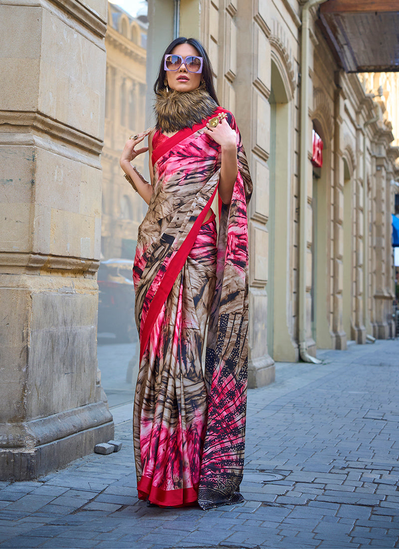 Monjolika Fashion Multi Colour Satin Silk Printed Lightwear Saree For Women