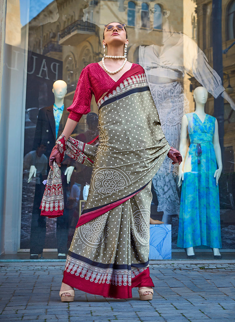 Monjolika Fashion Light Brown Colour Satin Silk Printed Lightwear Saree For Women