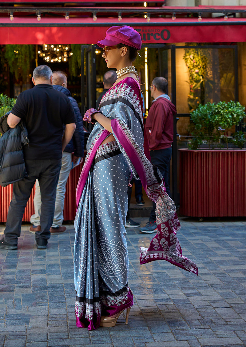 Monjolika Fashion Grey Colour Satin Silk Printed Lightwear Saree For Women
