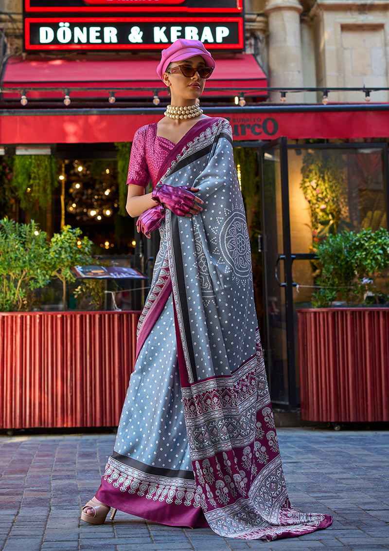 Monjolika Fashion Grey Colour Satin Silk Printed Lightwear Saree For Women