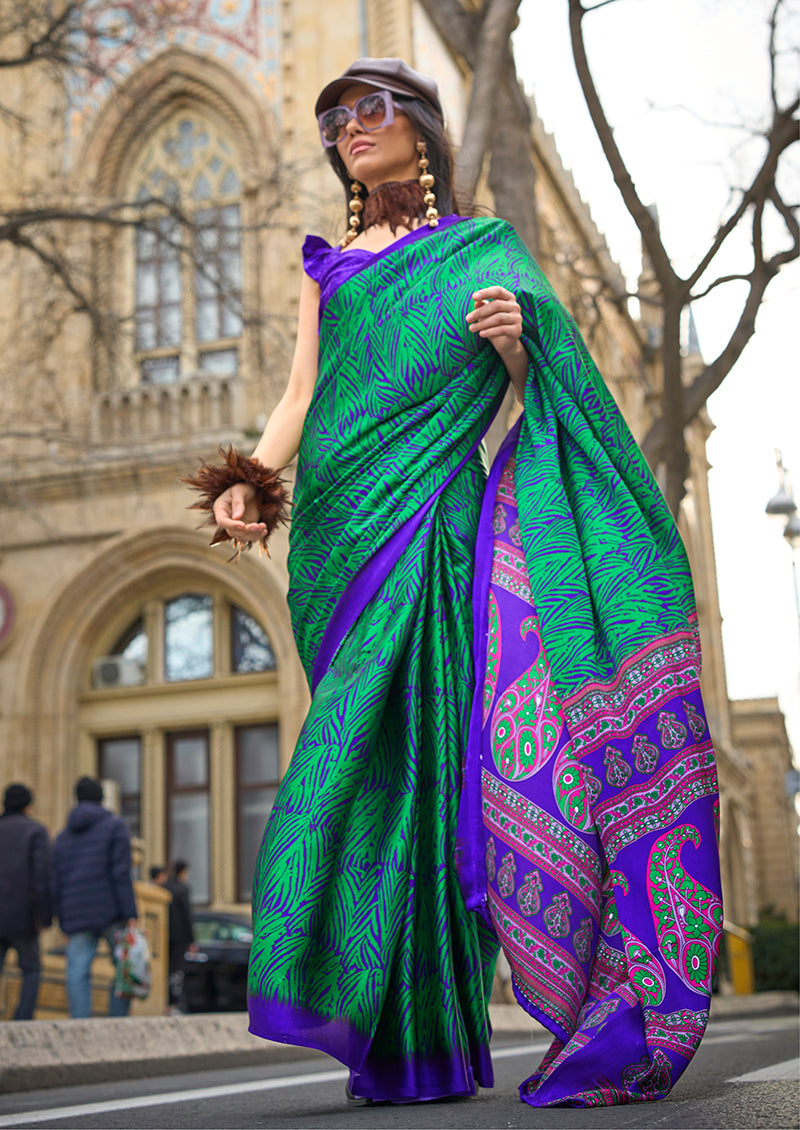 Monjolika Fashion Royal Blue Colour Satin Silk Printed Lightwear Saree For Women