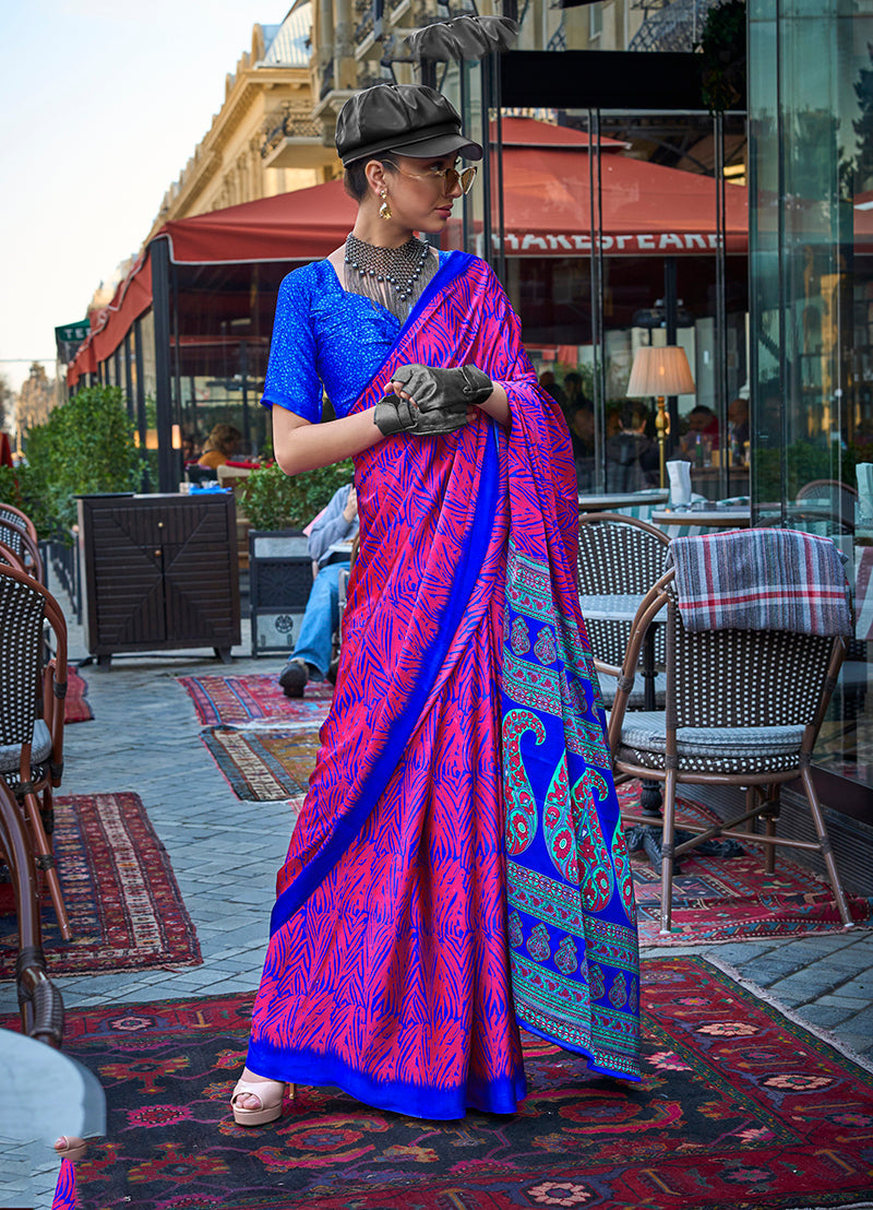 Monjolika Fashion Magenta Colour Satin Silk Printed Lightwear Saree For Women