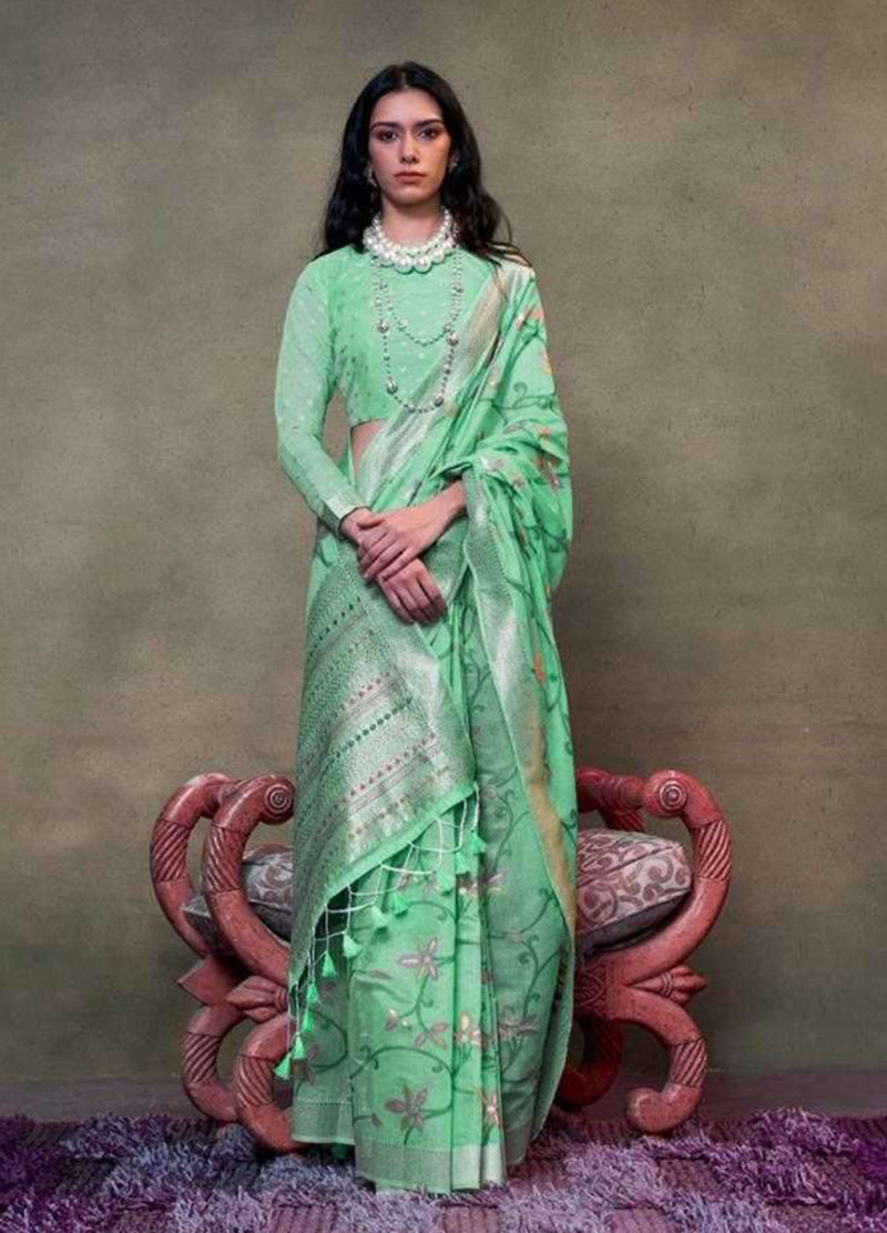 Monjolika Fashion Sea Green Colour Mulmul Cotton Printed Lightwear Saree
