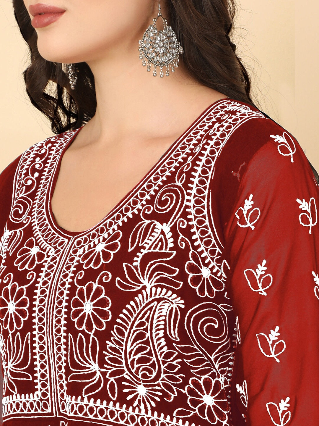HERE&NOW Scoop Neck Chikankari Embroidered Thread Work Georgette Anarkali Kurta
