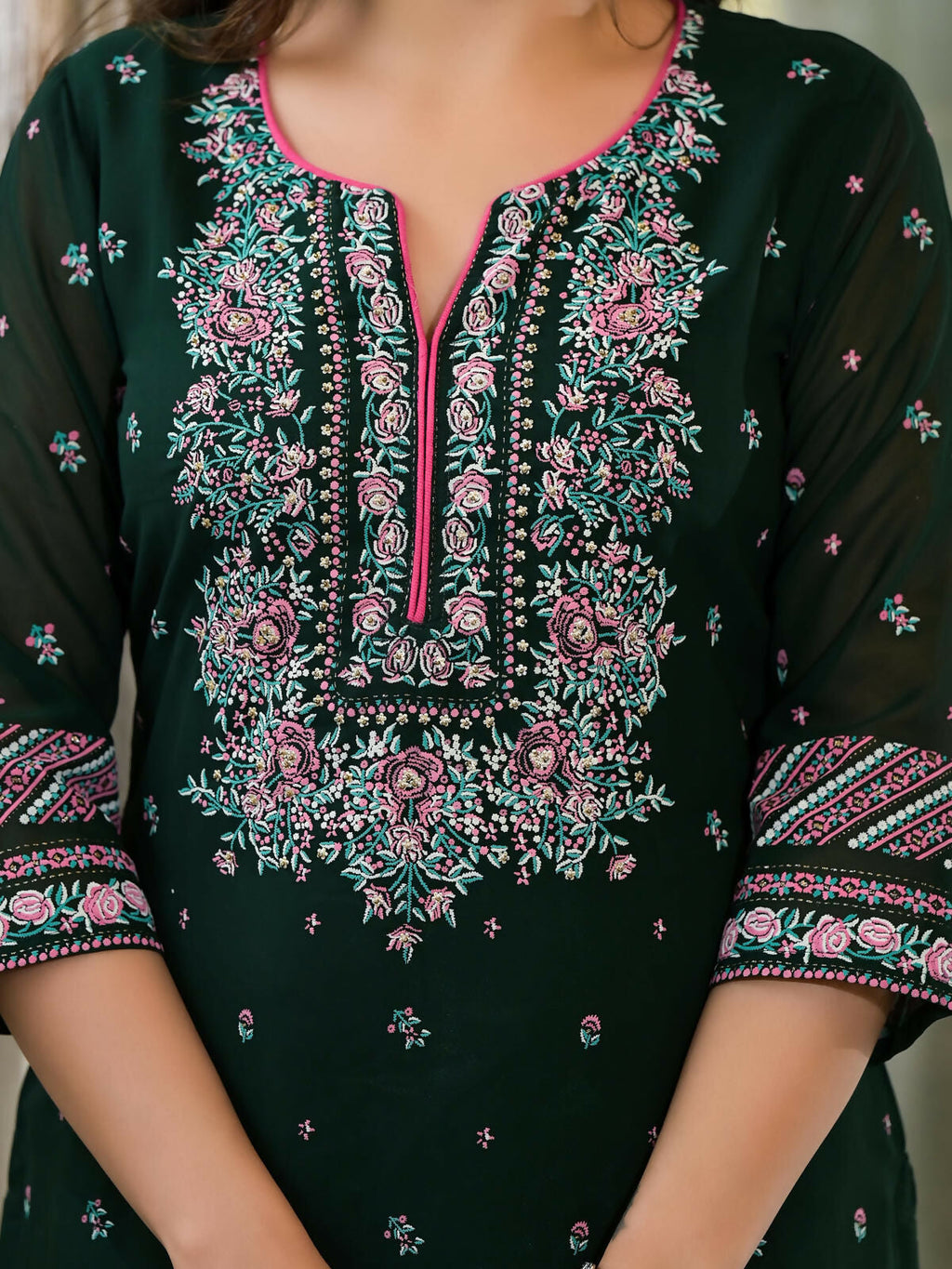 Juniper Women's Green Floral Printed Georgette Kurta Sharara & Dupatta Set With Sequins