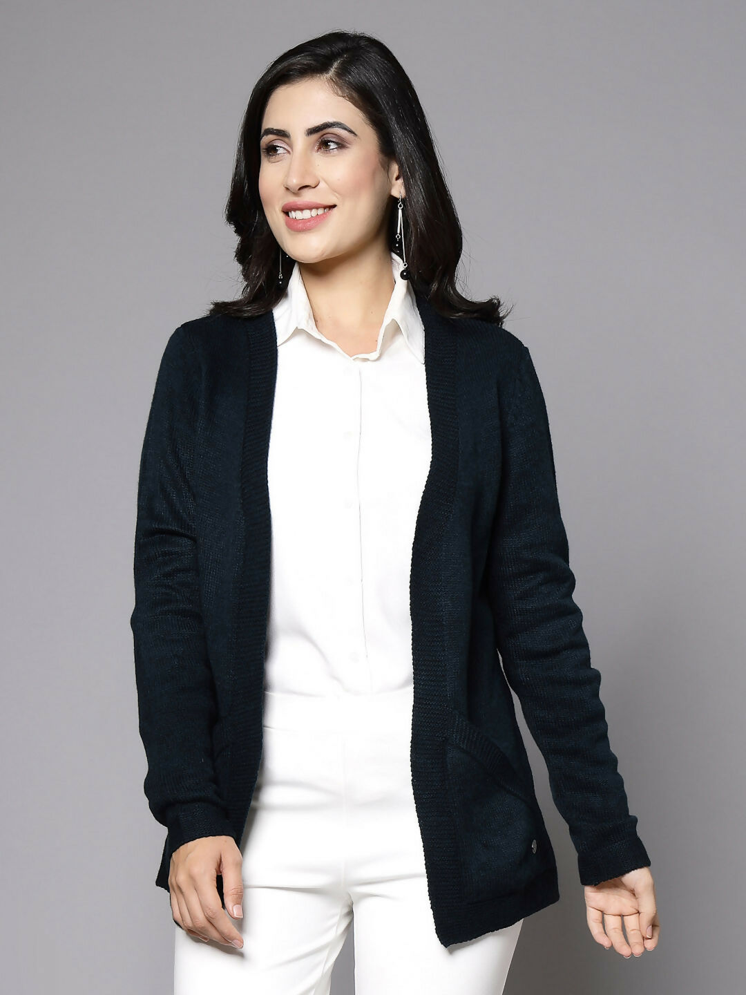 Women Teal Acrylic Solid Cardigan - Wool Trees