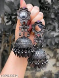 Tehzeeb Creations Women's Black Colour Oxidised Earrings With Mirror And Jhumki Style