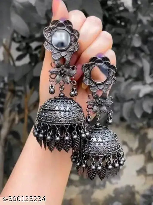 Tehzeeb Creations Women's Black Colour Oxidised Earrings With Mirror And Jhumki Style
