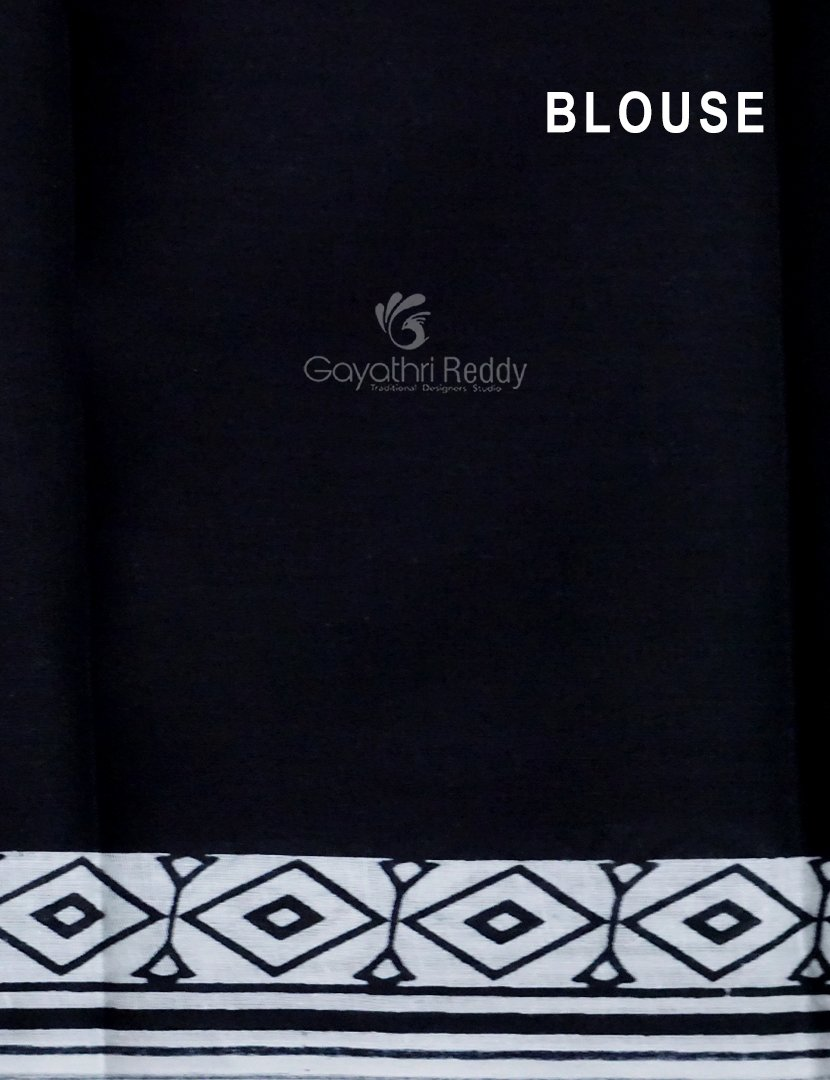 White And Black Combo Block Print Pure Mulmul Cotton Saree By Gayathri Reddy Designer Studio