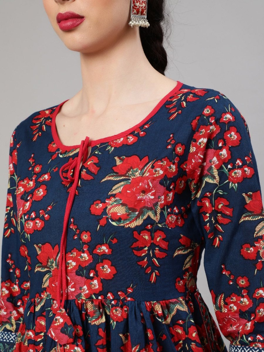 Aks Floral Printed Tie-Up Neck Pleated Cotton A-Line Kurta