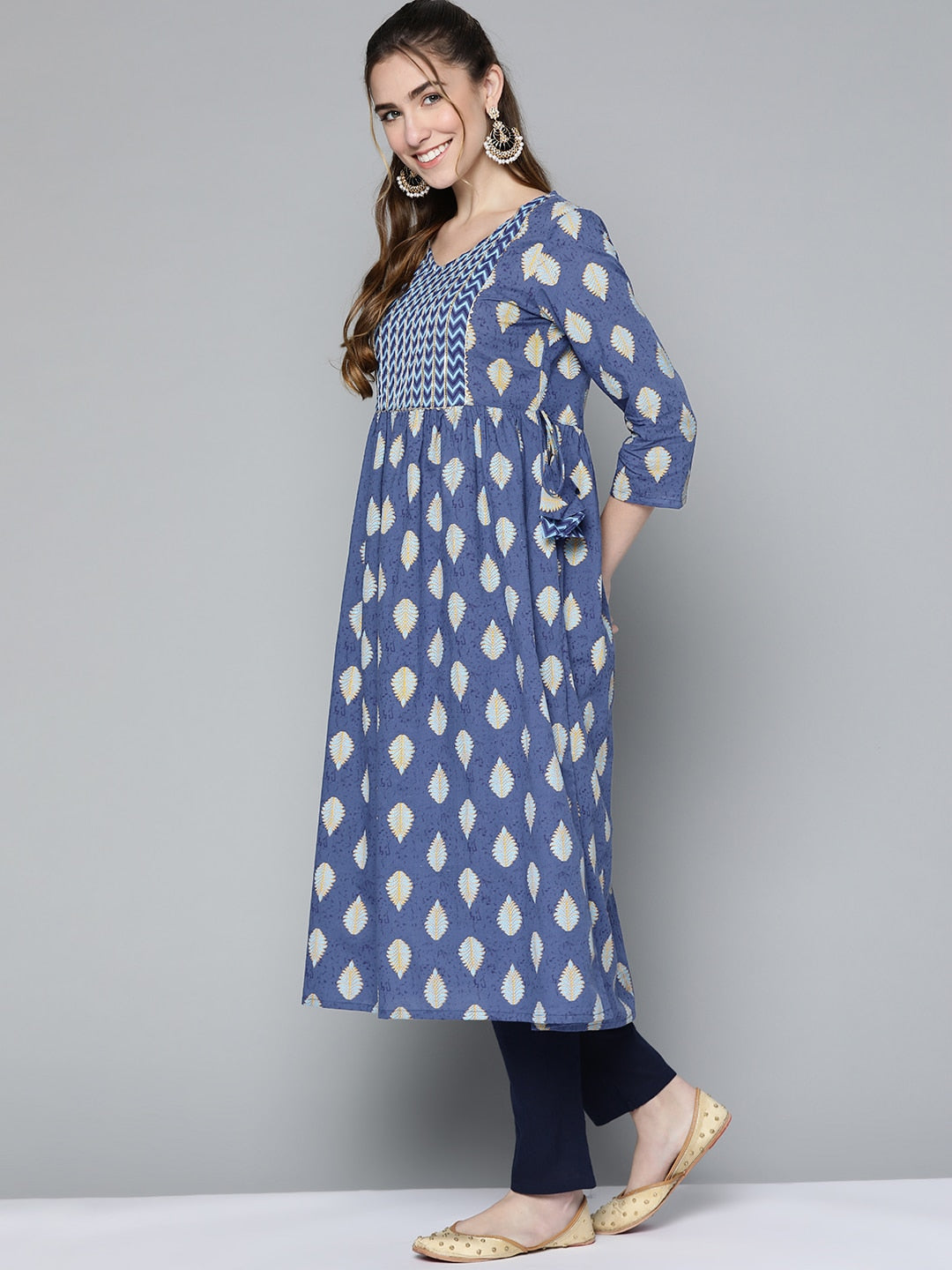 HERE&NOW Women Navy Blue & Mustard Yellow Ethnic Printed Gotta Patti Pure Cotton Kurta