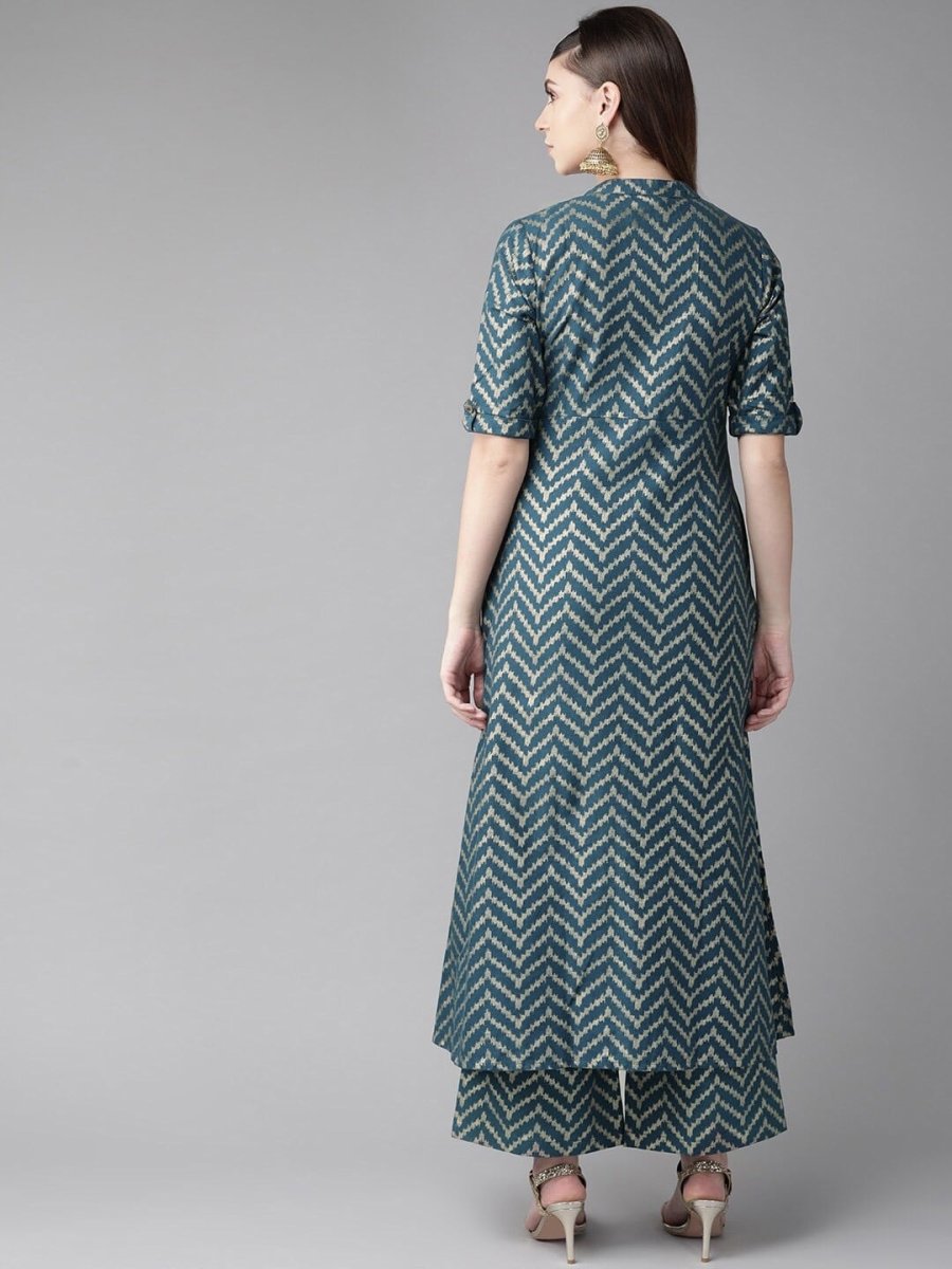 Aks Chevron Printed Band Collar A-Line Kurta