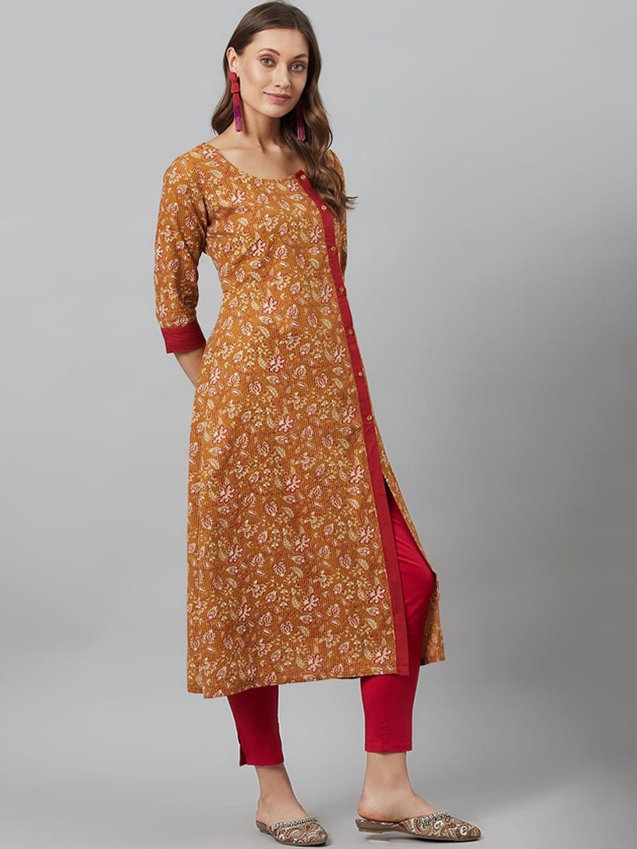 Aks Floral Printed Round Neck A-Line Kurta