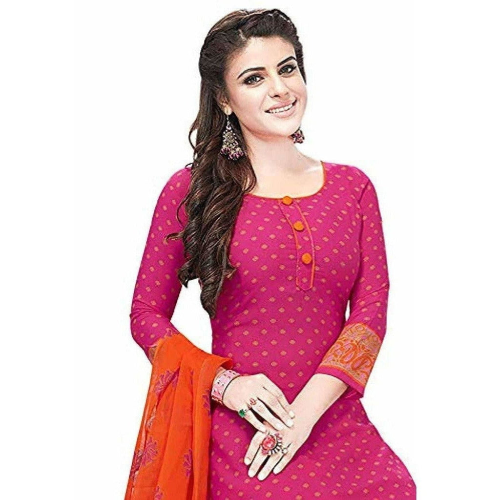 Synthetic Pink & Orange Printed Unstitched Salwar Suits Dress Material with Dupatta