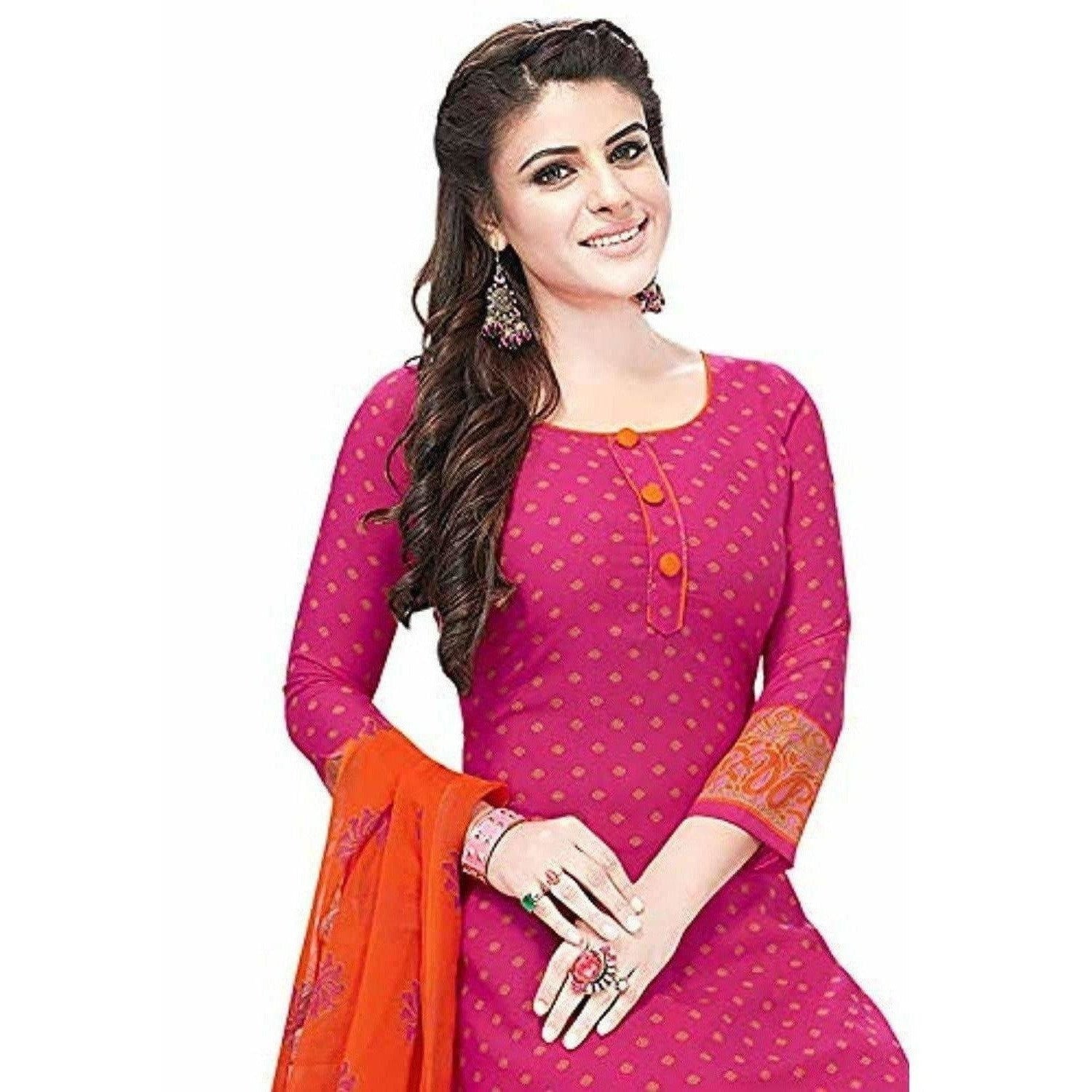 Synthetic Pink & Orange Printed Unstitched Salwar Suits Dress Material with Dupatta
