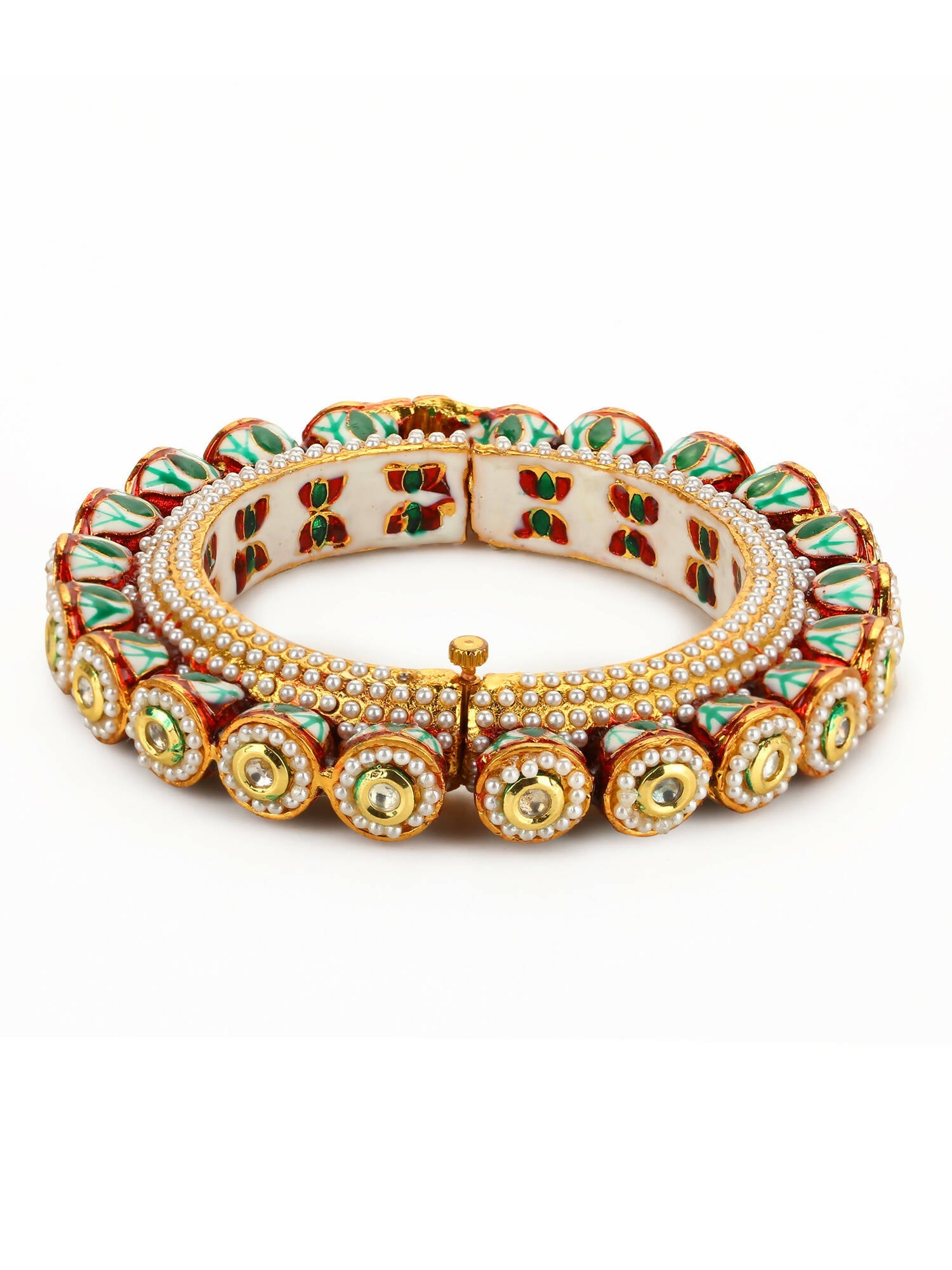 Gold-Polished Green Kundan-Studded Bangle - Ruby Raang