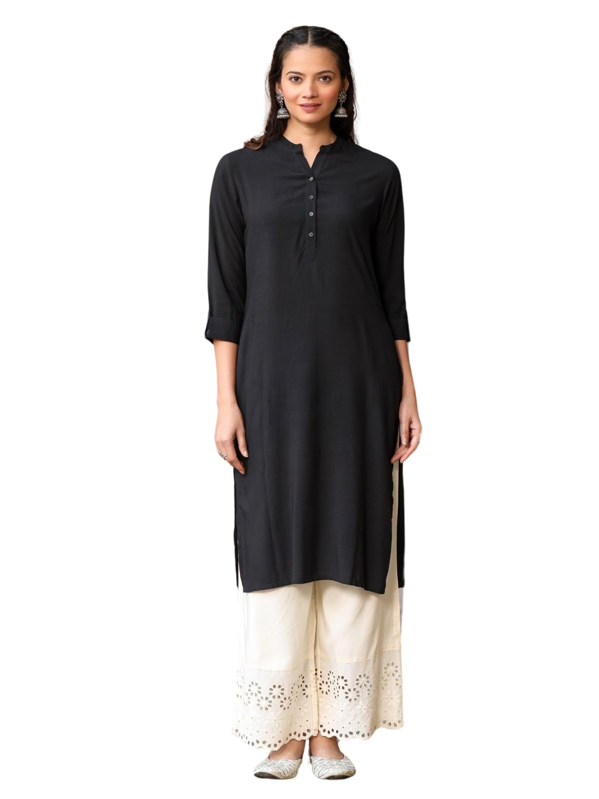 Juniper Women's Black Solid Modal Rayon Straight Kurta With Half Placket At Front