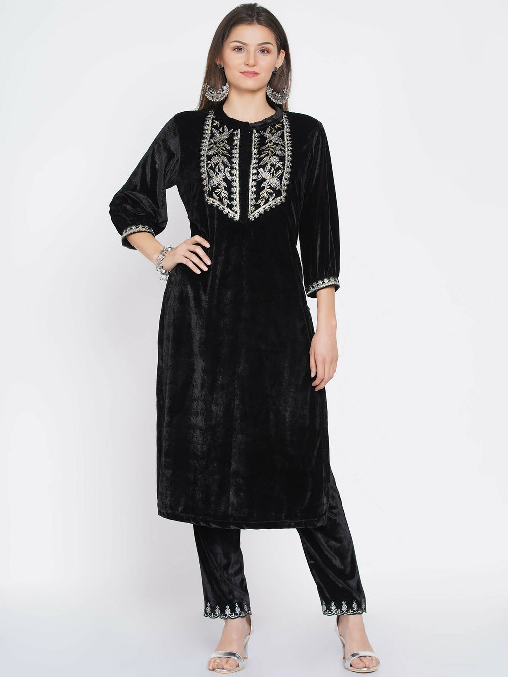 Women Republic Black Velvet Embroidered Kurta With Pants
