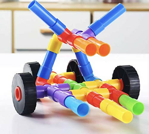 Kipa 150 Pieces Pipe Puzzle with Storage Container, Educational & Intellectual Playing Model Construction Blocks with Rolling Wheelbase