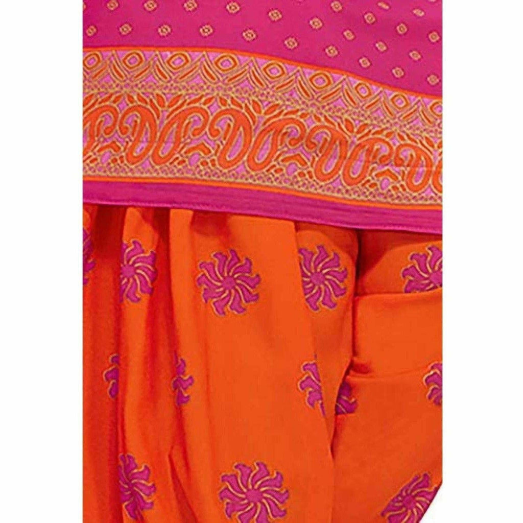 Synthetic Pink & Orange Printed Unstitched Salwar Suits Dress Material with Dupatta