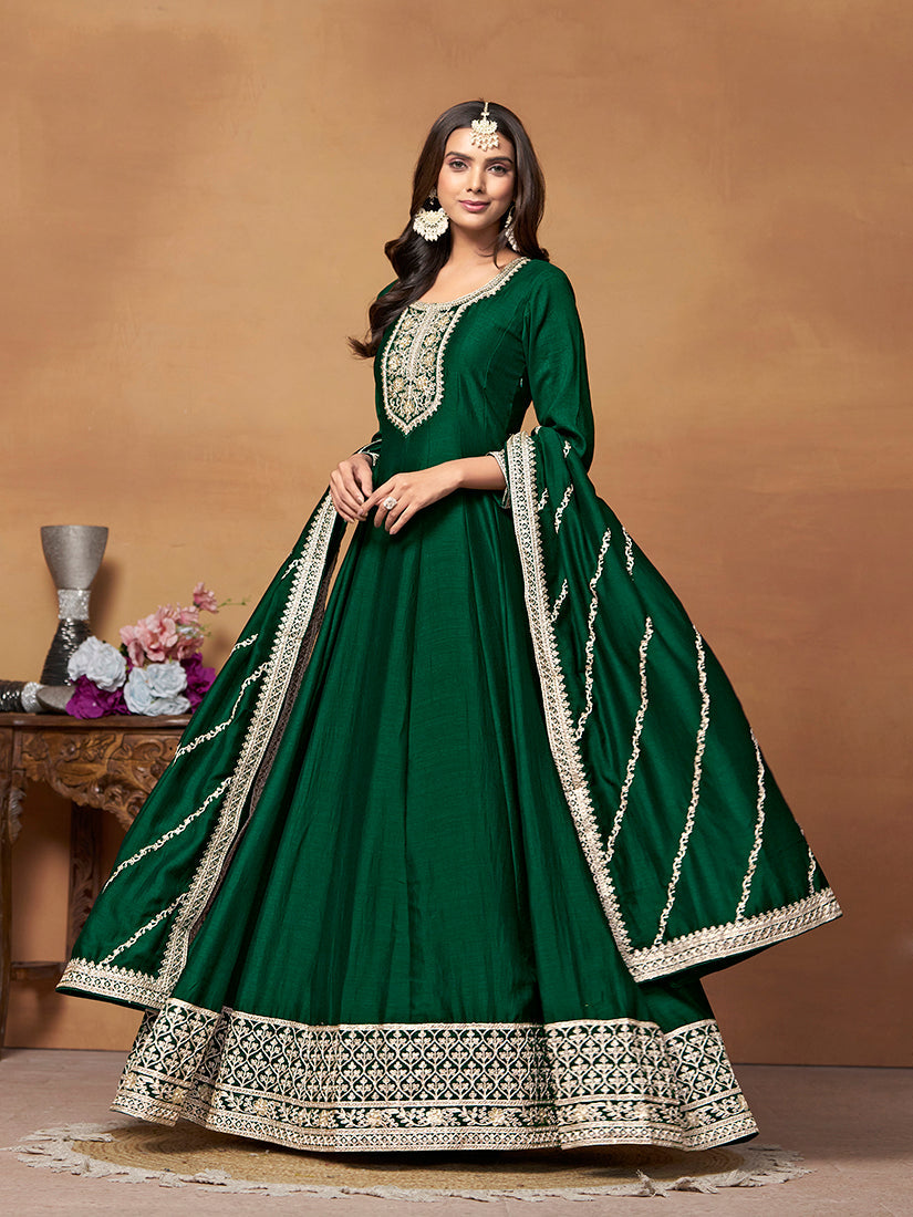 Monjolika Fashion Green Colour Art Silk Designer Anarkali Dress
