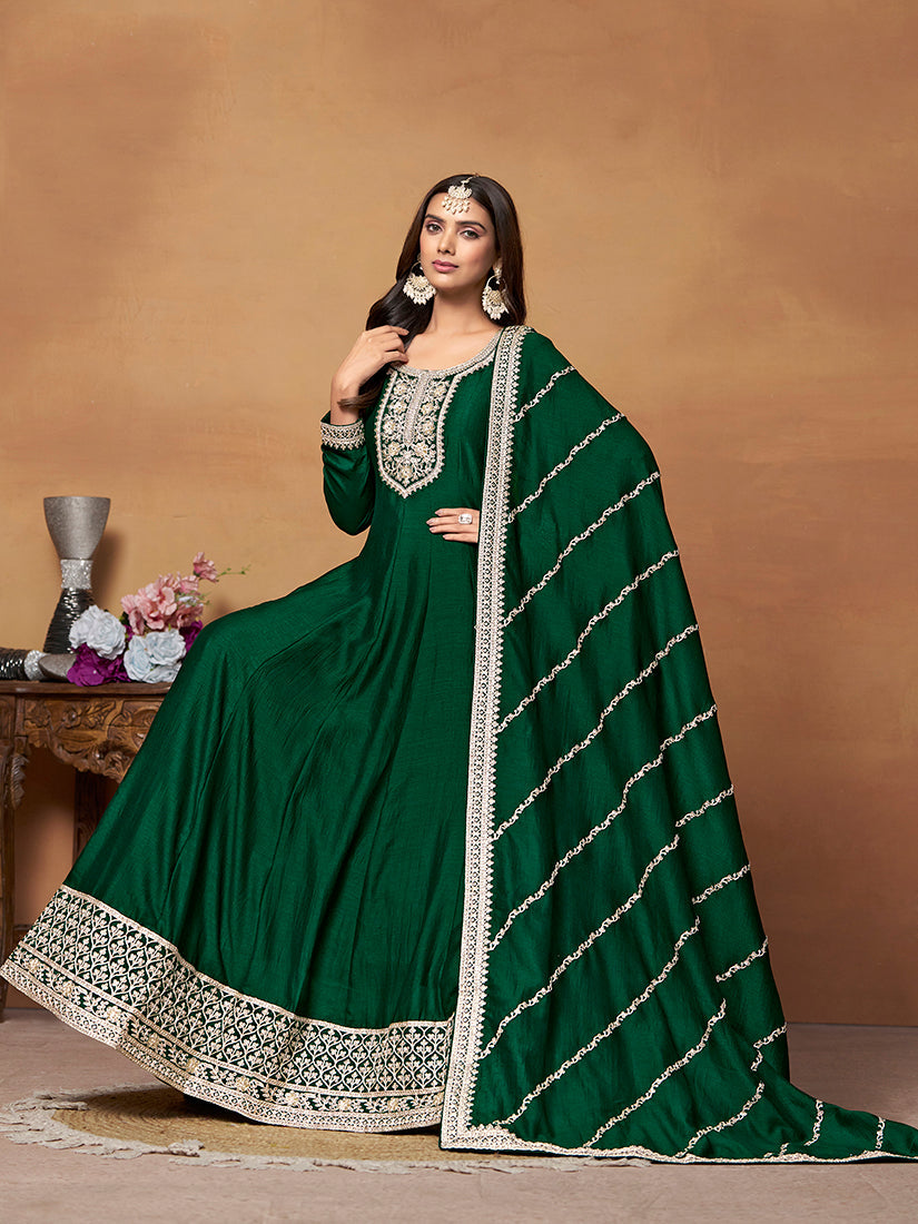 Monjolika Fashion Green Colour Art Silk Designer Anarkali Dress