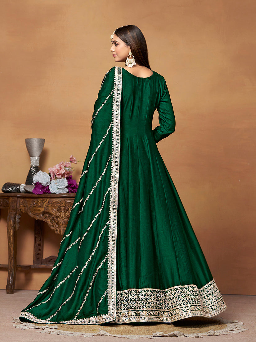 Monjolika Fashion Green Colour Art Silk Designer Anarkali Dress