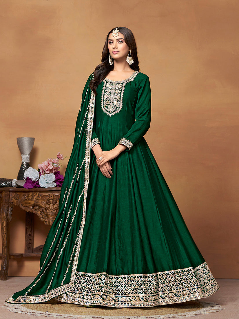 Monjolika Fashion Green Colour Art Silk Designer Anarkali Dress