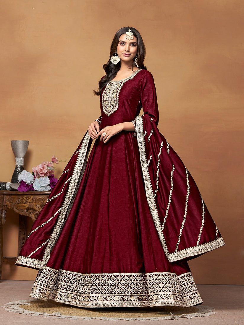 Monjolika Fashion Wine Colour Art Silk Designer Anarkali Dress