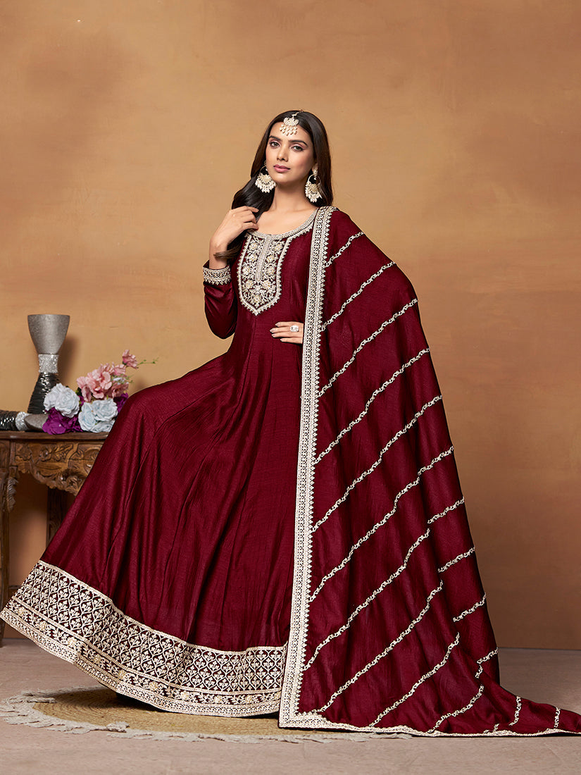Monjolika Fashion Wine Colour Art Silk Designer Anarkali Dress
