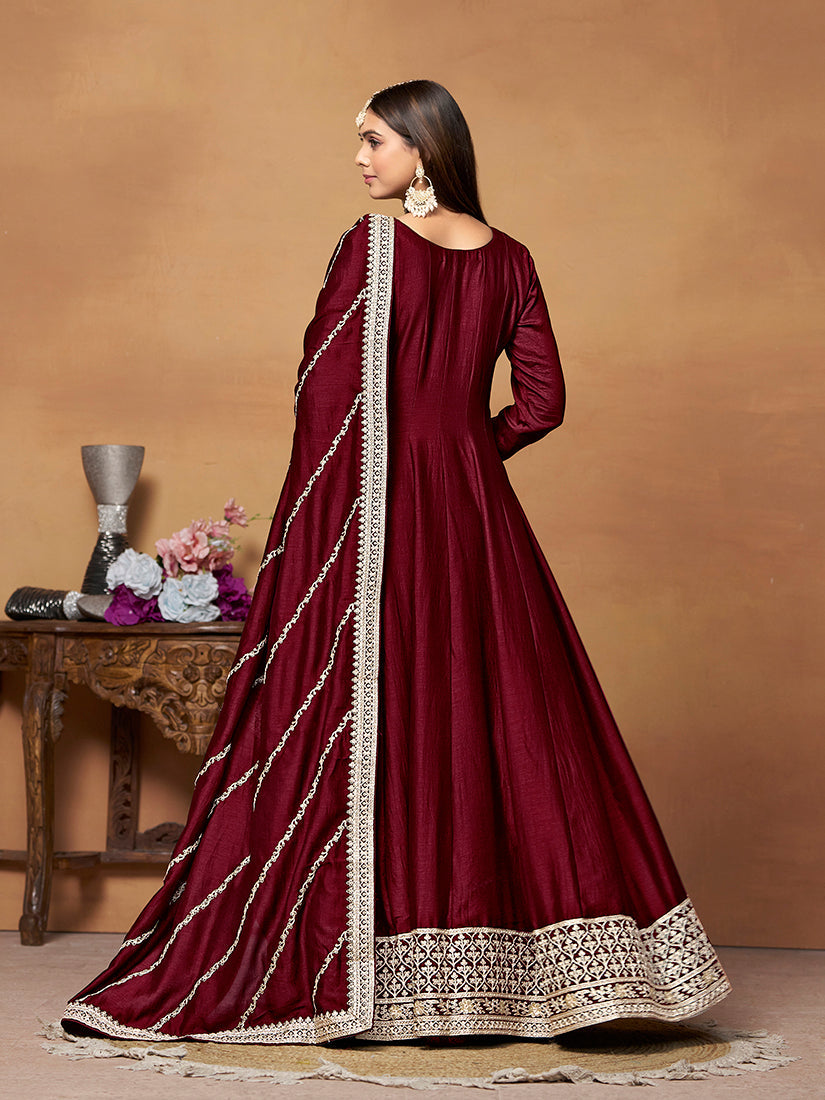 Monjolika Fashion Wine Colour Art Silk Designer Anarkali Dress