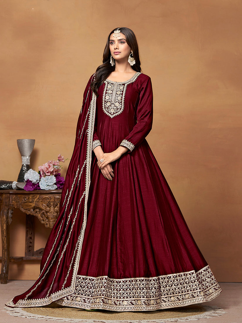 Monjolika Fashion Wine Colour Art Silk Designer Anarkali Dress