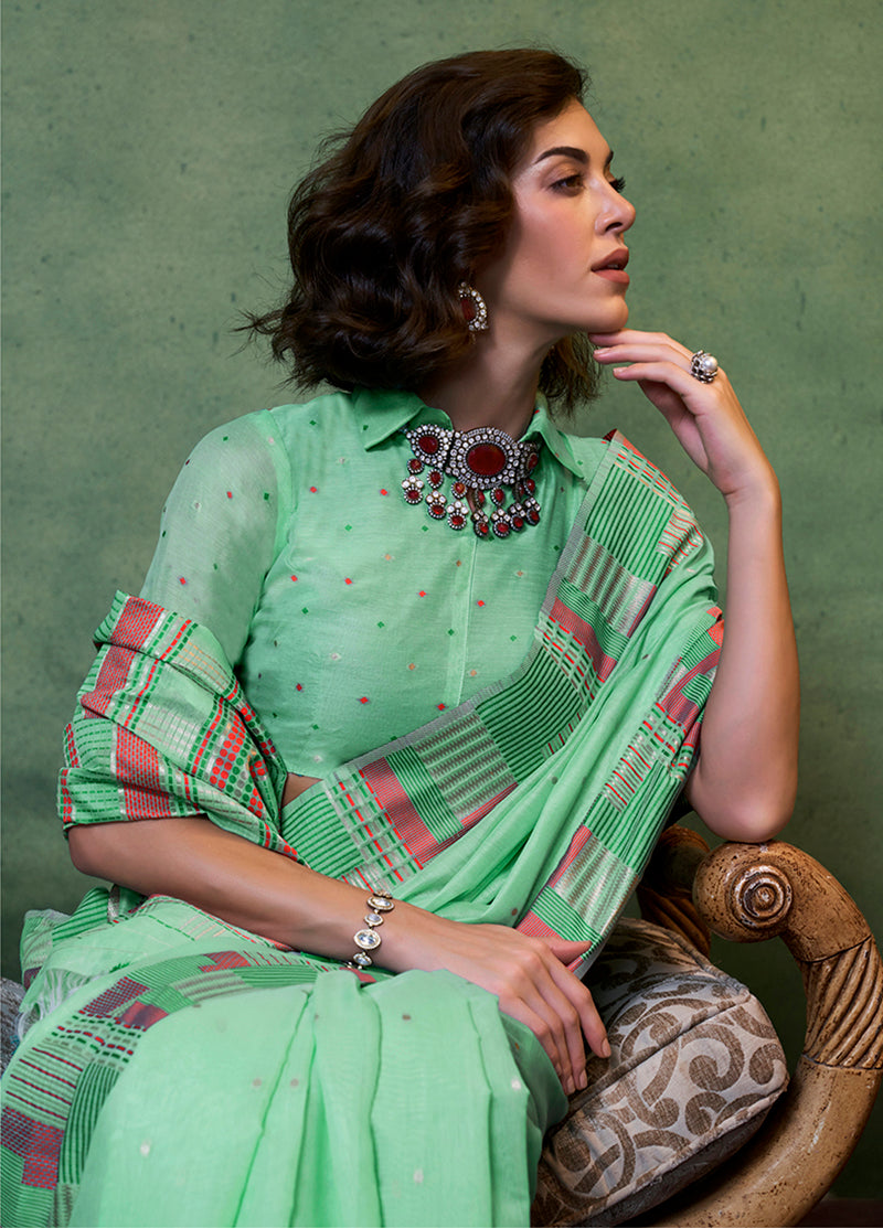 Monjolika Fashion Light Green Colour Cotton Handloom Lightwear Saree For Women