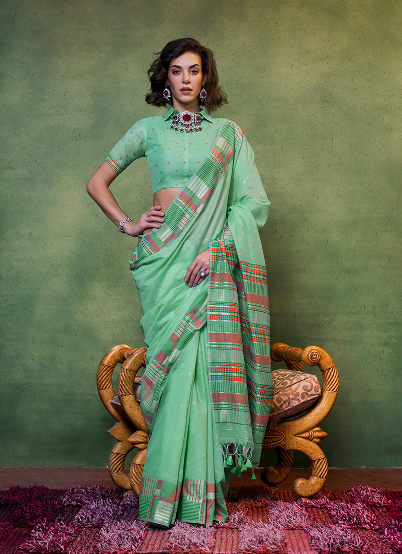 Monjolika Fashion Light Green Colour Cotton Handloom Lightwear Saree For Women
