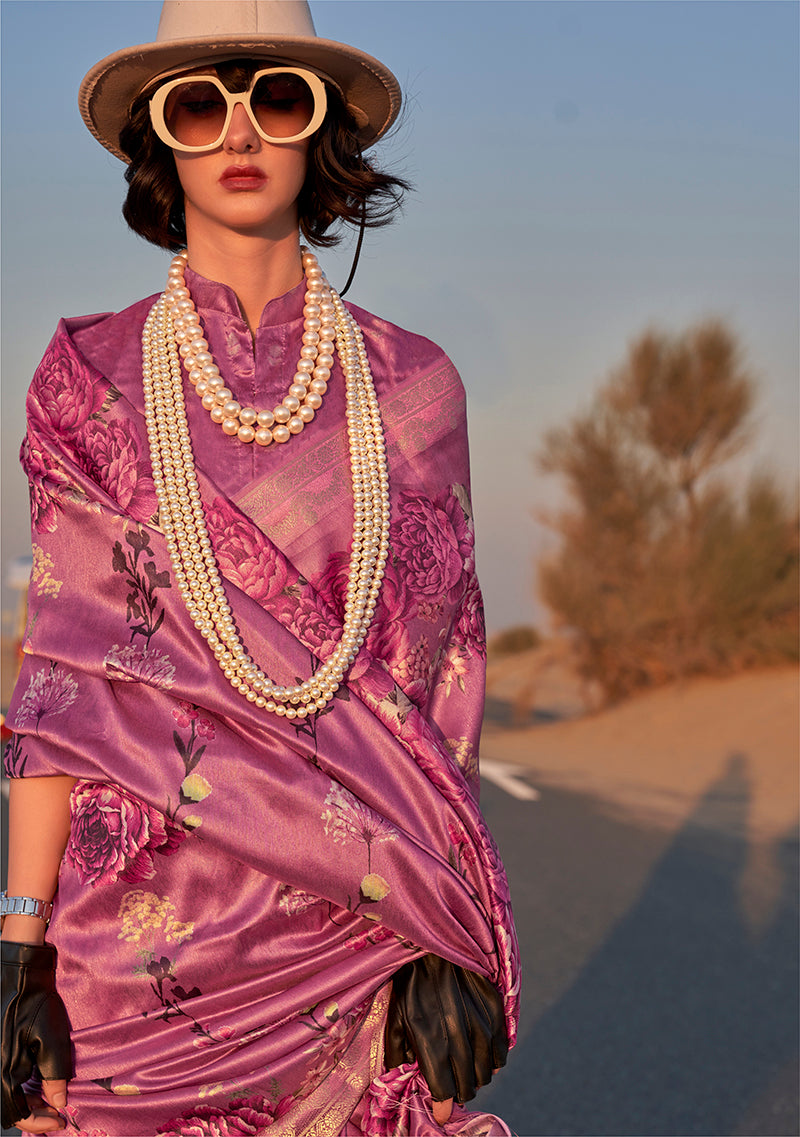 Monjolika Fashion Dark Magenta Color Printed Tussar Silk Designer Saree Online