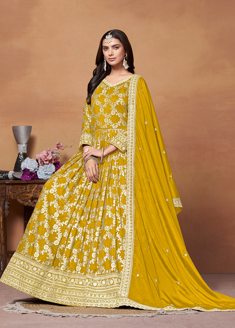 Monjolika Fashion Mustard Color Embroidered Santoon Silk Salwar Suit