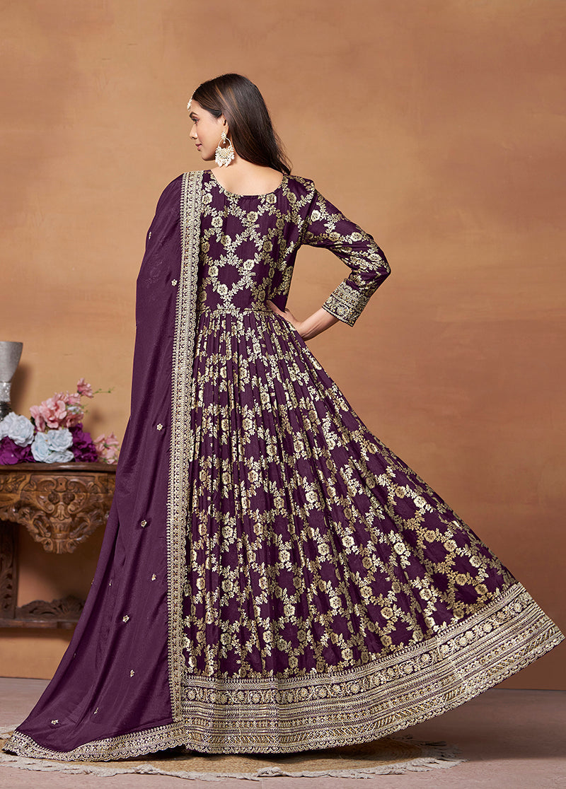 Monjolika Fashion Dark-Purple Color Embroidered Santoon Silk Salwar Suit