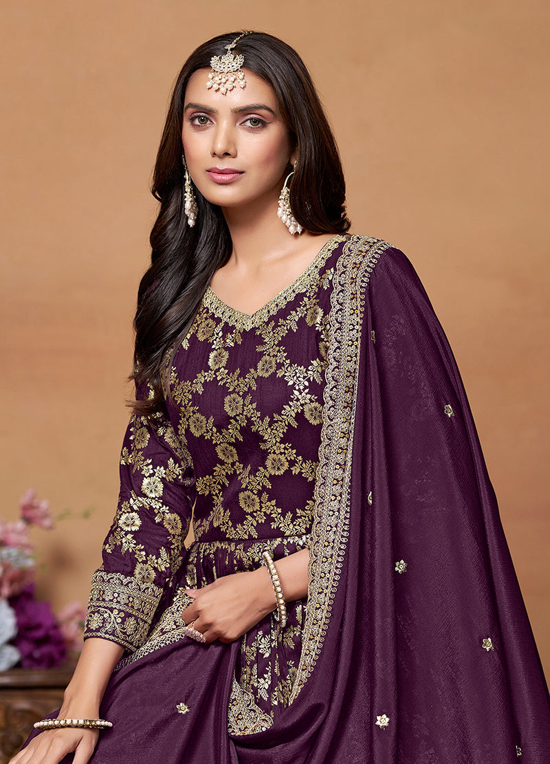 Monjolika Fashion Dark-Purple Color Embroidered Santoon Silk Salwar Suit