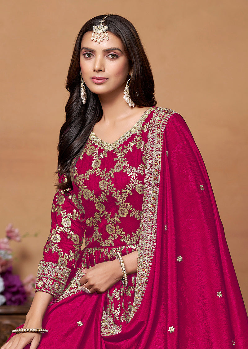 Monjolika Fashion Crimson Color Embroidered Santoon Silk Salwar Suit