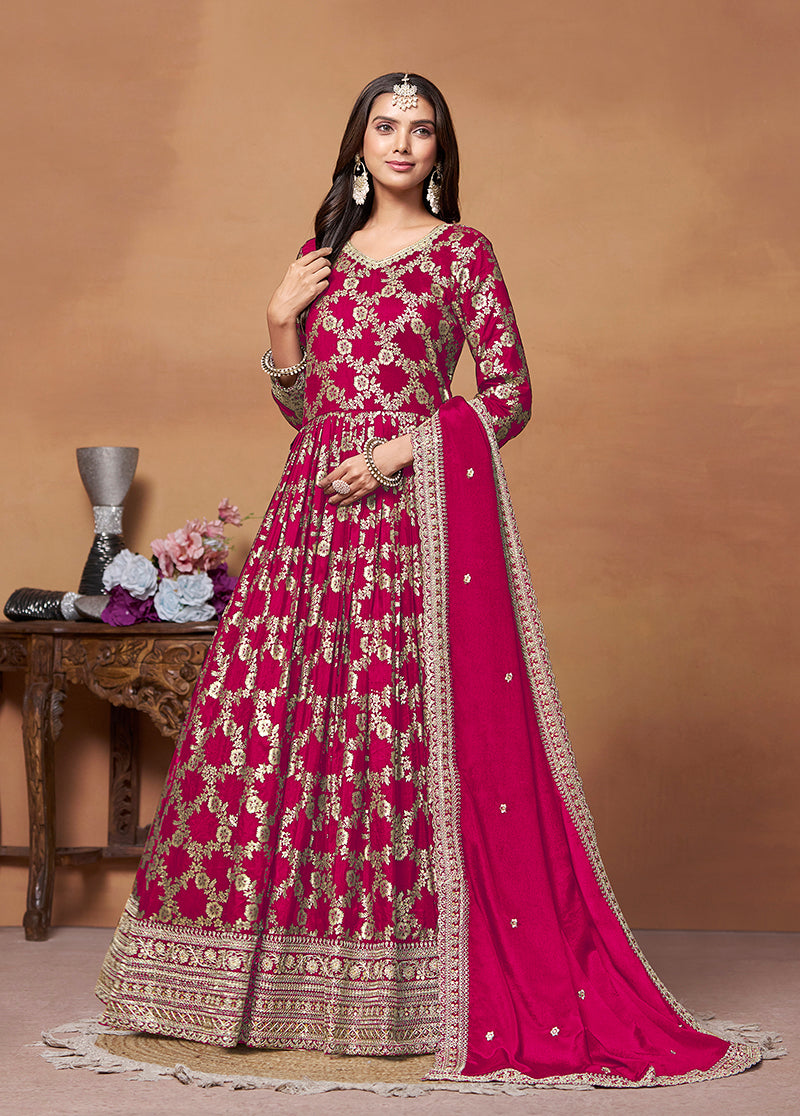 Monjolika Fashion Crimson Color Embroidered Santoon Silk Salwar Suit