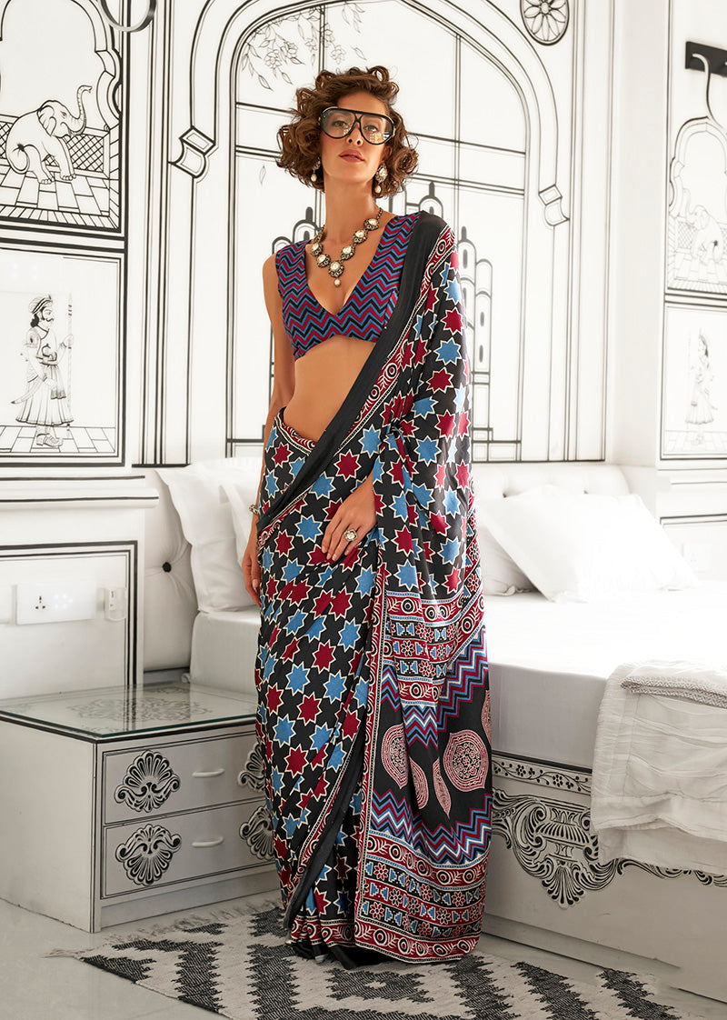 Monjolika Fashion Black Colour Satin Crepe Printed Lightwear Sarees