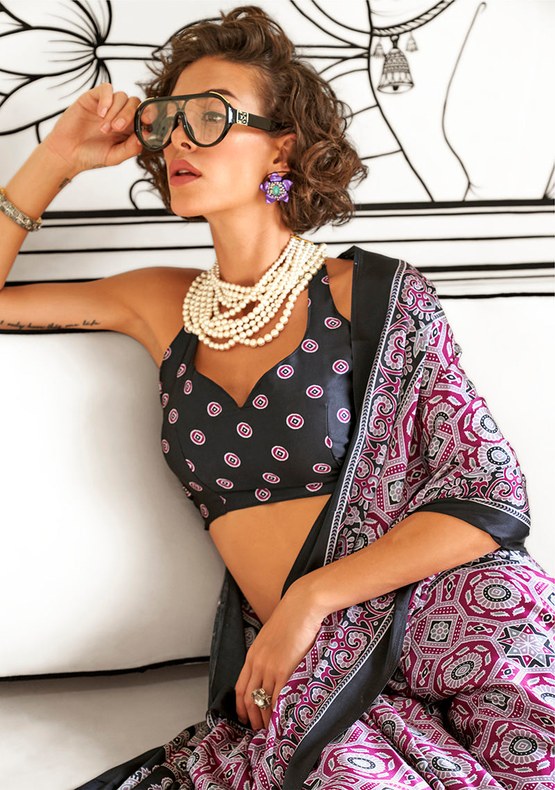 Monjolika Fashion Wine Colour Satin Crepe Printed Lightwear Sarees