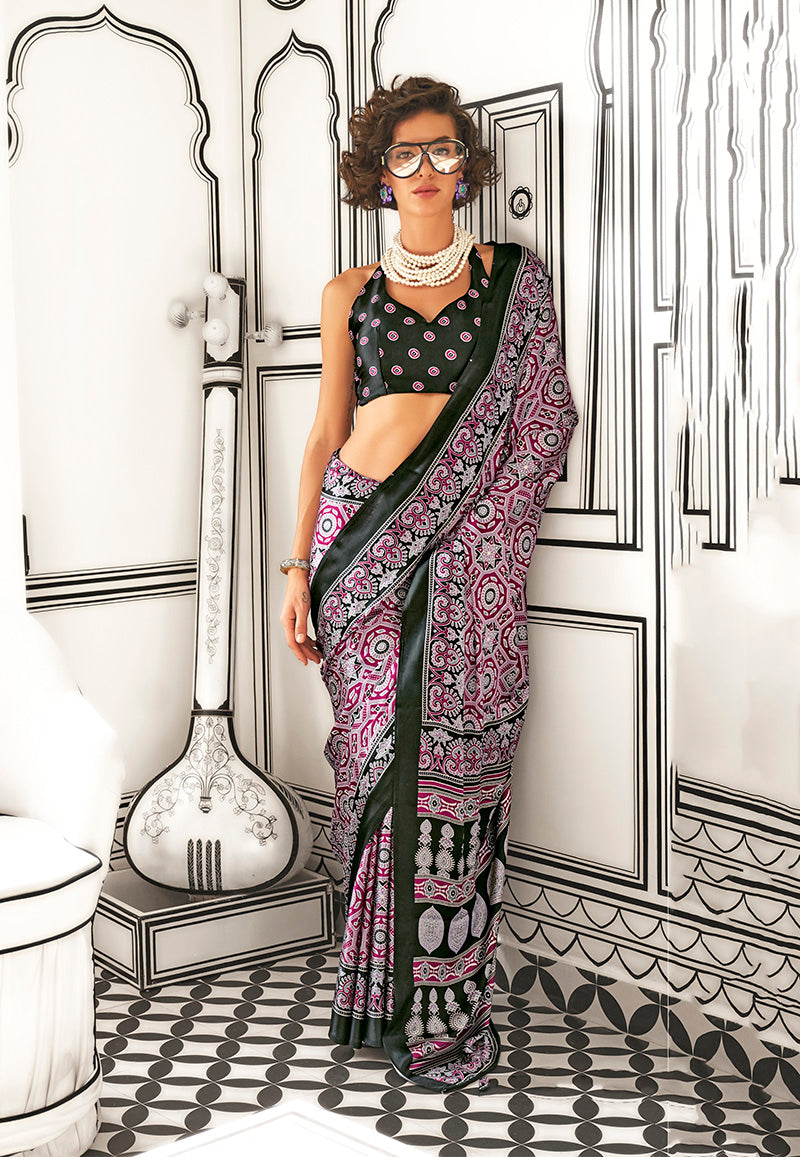 Monjolika Fashion Wine Colour Satin Crepe Printed Lightwear Sarees