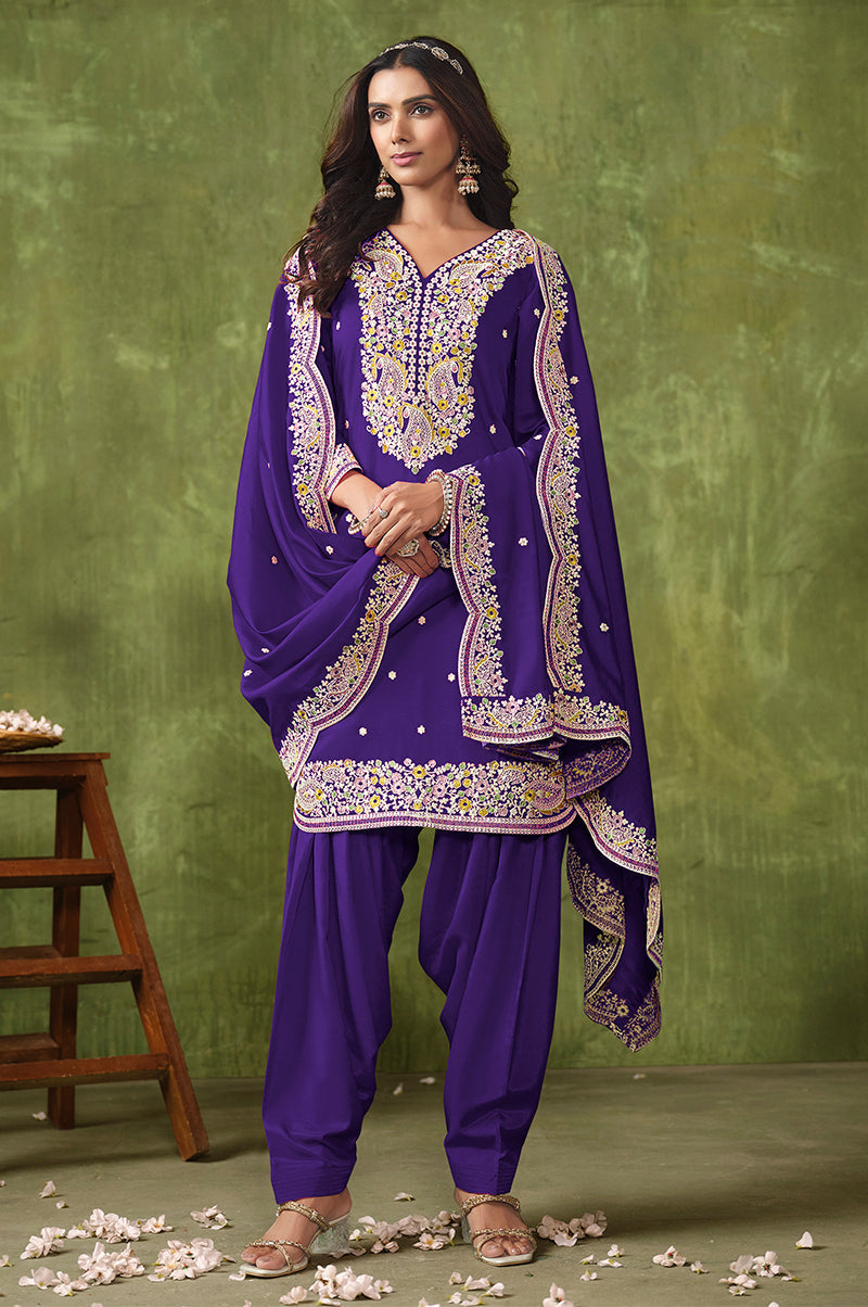 Monjolika Fashion Violet Color Embroidered Santoon Chanderi Silk Salwar Suit