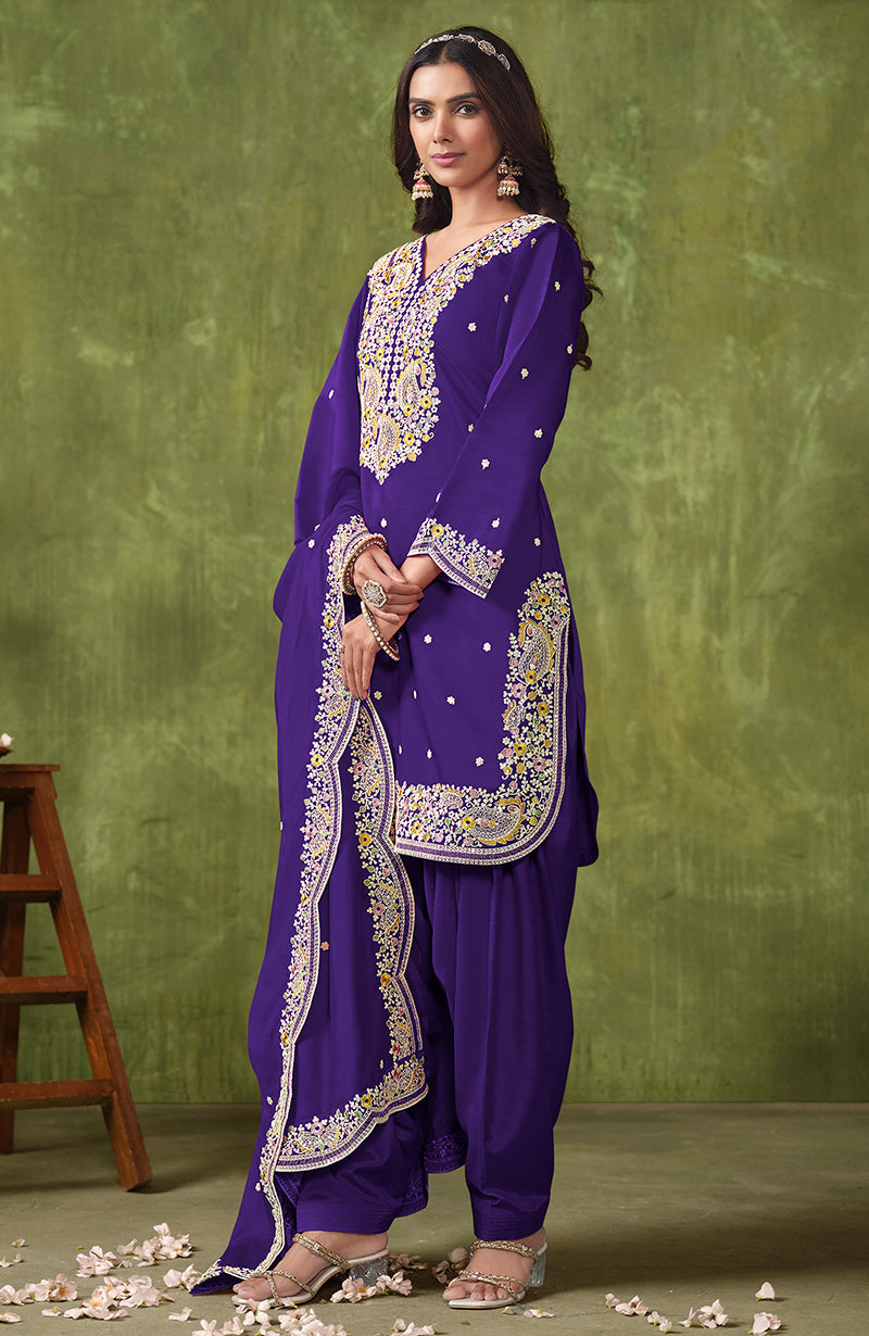 Monjolika Fashion Violet Color Embroidered Santoon Chanderi Silk Salwar Suit