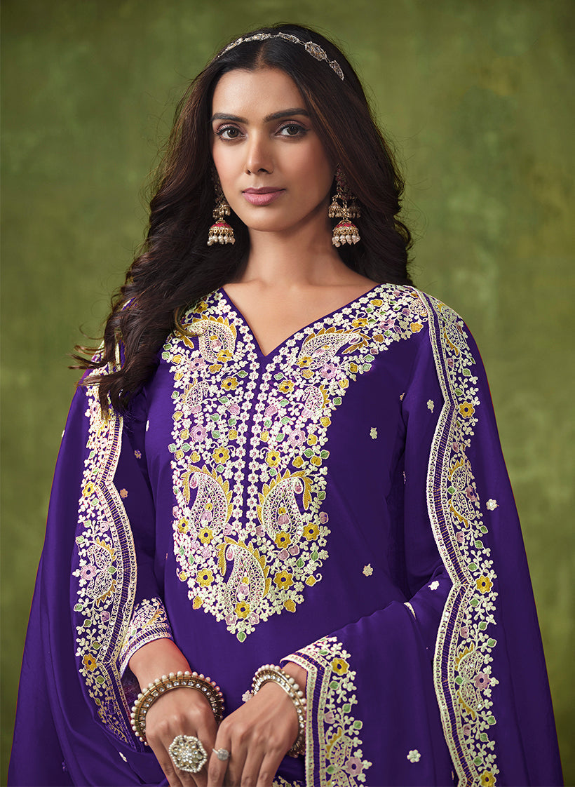 Monjolika Fashion Violet Color Embroidered Santoon Chanderi Silk Salwar Suit