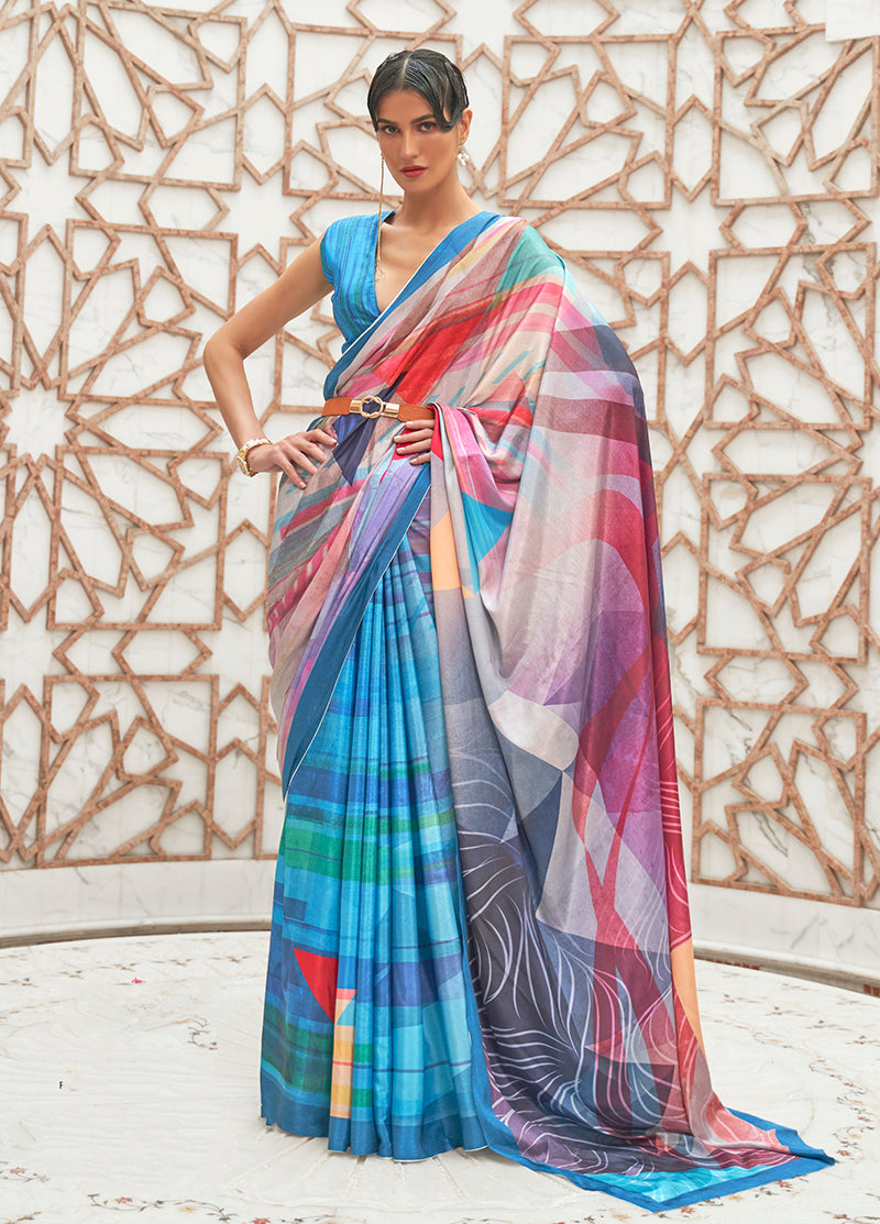 Monjolika Fashion Blue Colour Classic Digital Printed Crepe Silk Saree