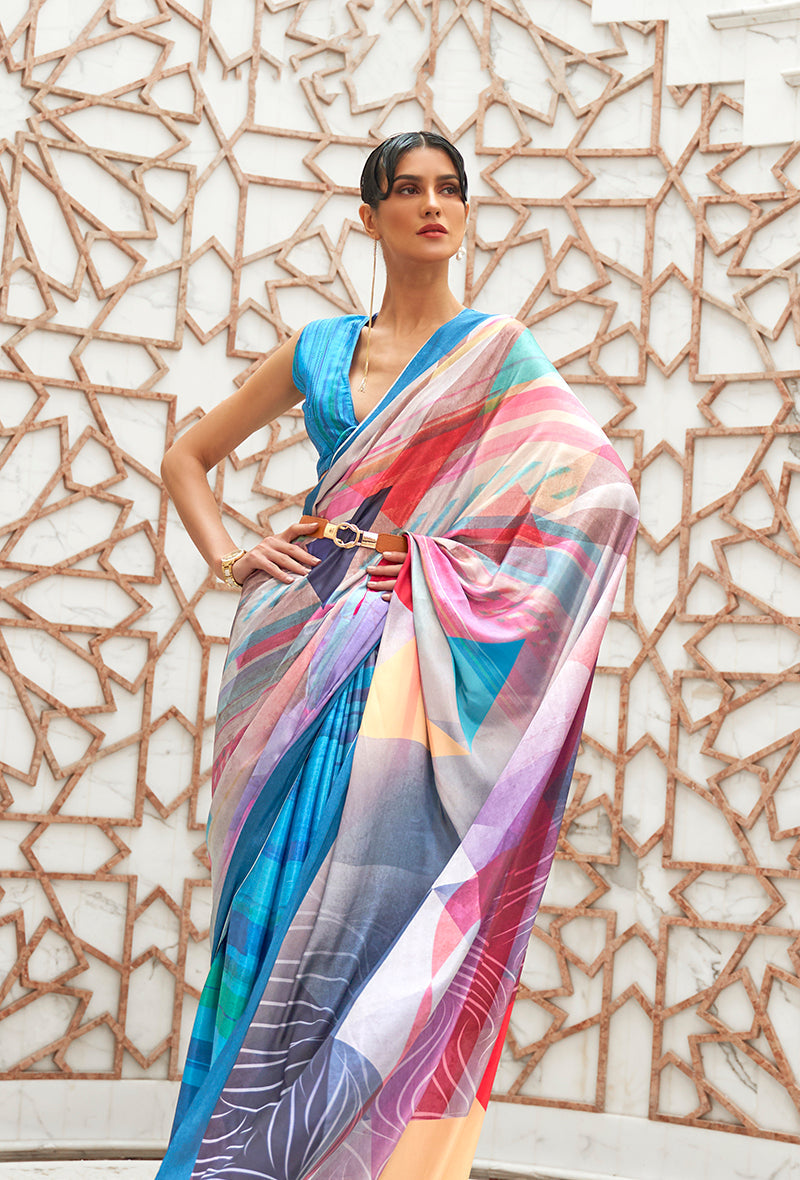 Monjolika Fashion Blue Colour Classic Digital Printed Crepe Silk Saree